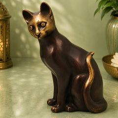 Brass Cat Idol Sculpture for Vastu Home Decor Gifting Traditional Handcrafted Chola Style Murti, Gold, 8 Inch, 1 Piece