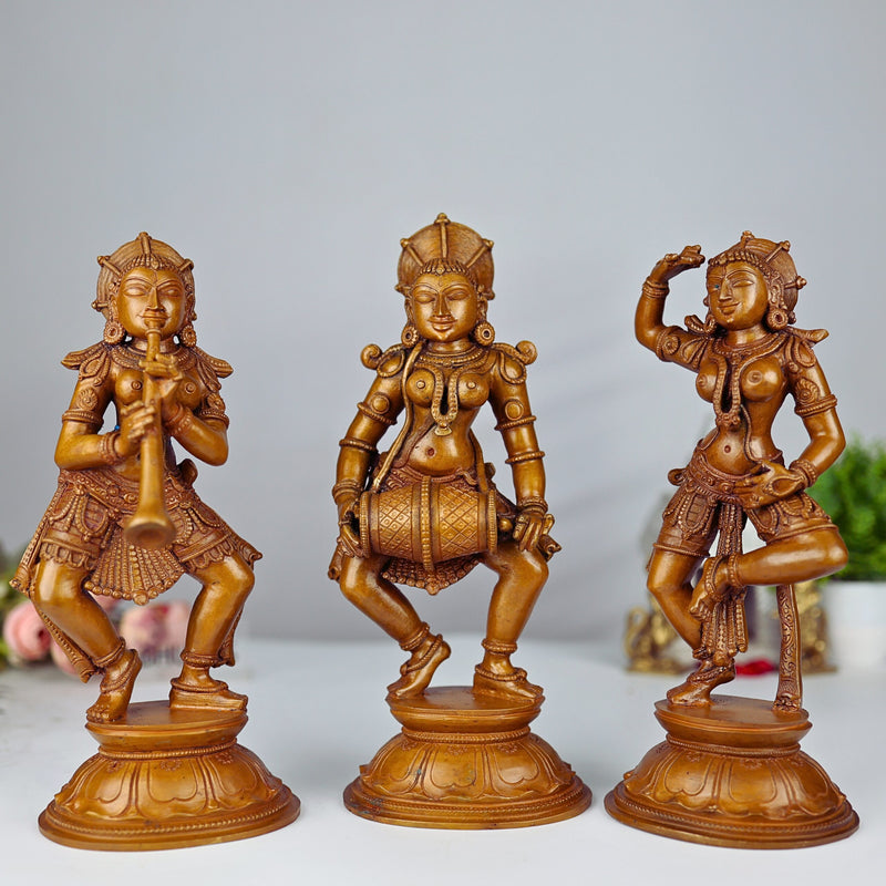 Bronze Musical Ladies Set, Folk Singers Sculptures, Handcrafted Panchaloha Figurines, Decorative Folk Art Statues, Traditional Brass Figures, Indian Handcrafted Folk Music Statues, Panchaloha Decorative Sculptures, Brown, 11 Inch, 1 Piece