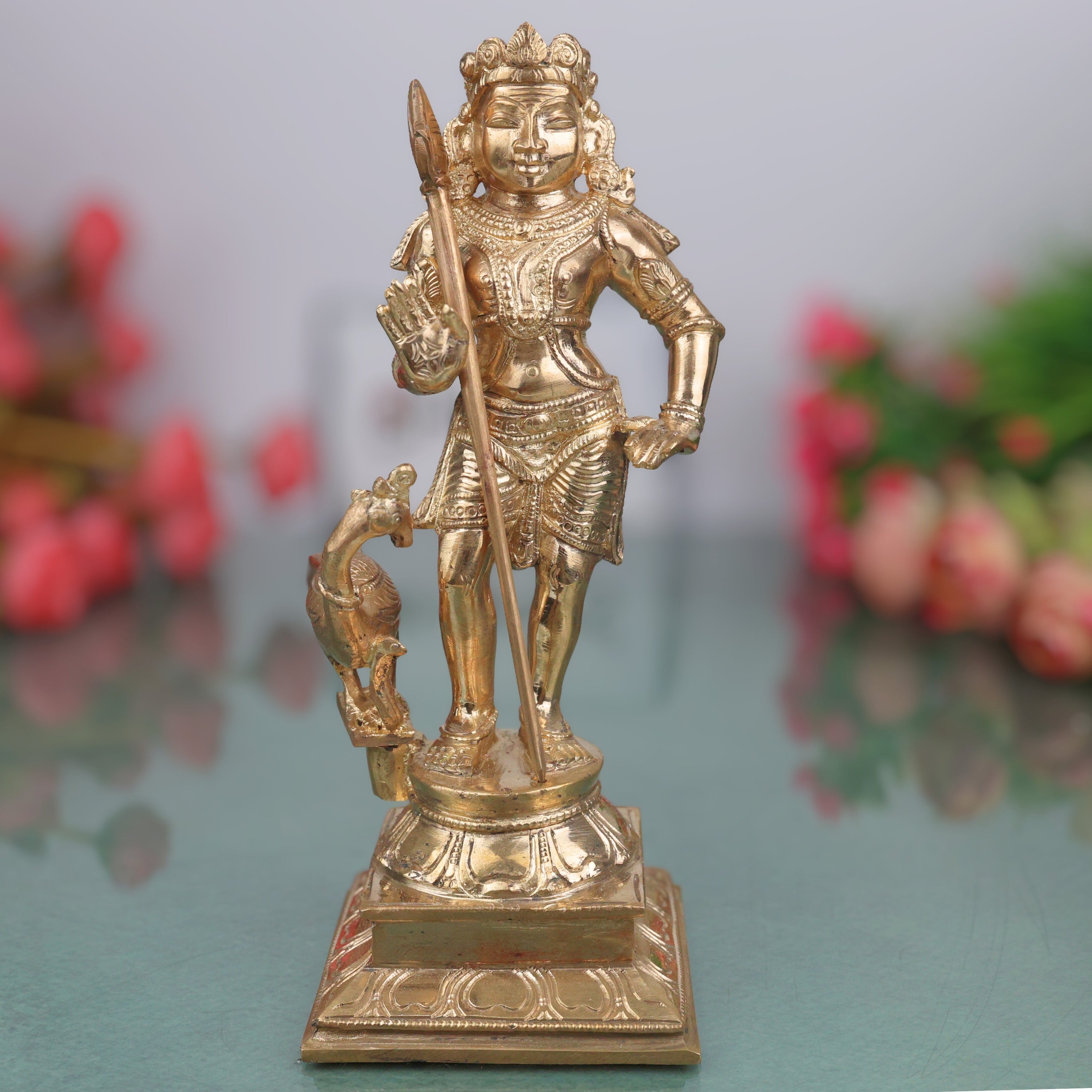 Murugan Kartikeya Subrahmanya Shanmukha Swaminatha Palani Andavar Vel Murugan Panchaloha Panchadhatu Bronze Murti Skanda Kumara Senthil Arumuga Handmade Chola Art South India Idol Statue, Gold, 8.5 Inch, 1 Piece