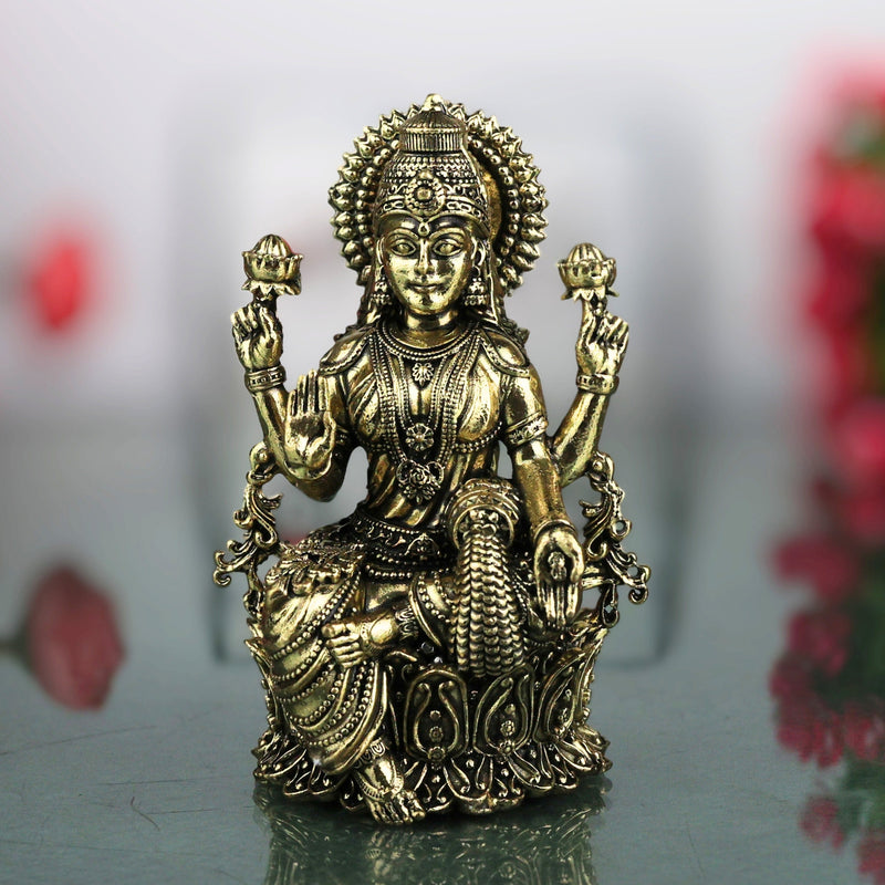 Brass Mahalakshmi Idol Sri Lakshmi Murti Peetal Ashtalakshmi Vigraha Kamala Indira Dhana Gaja Varalakshmi Moorthi for Puja Home Decor Gift, Gold, 4 Inch, 1 Piece