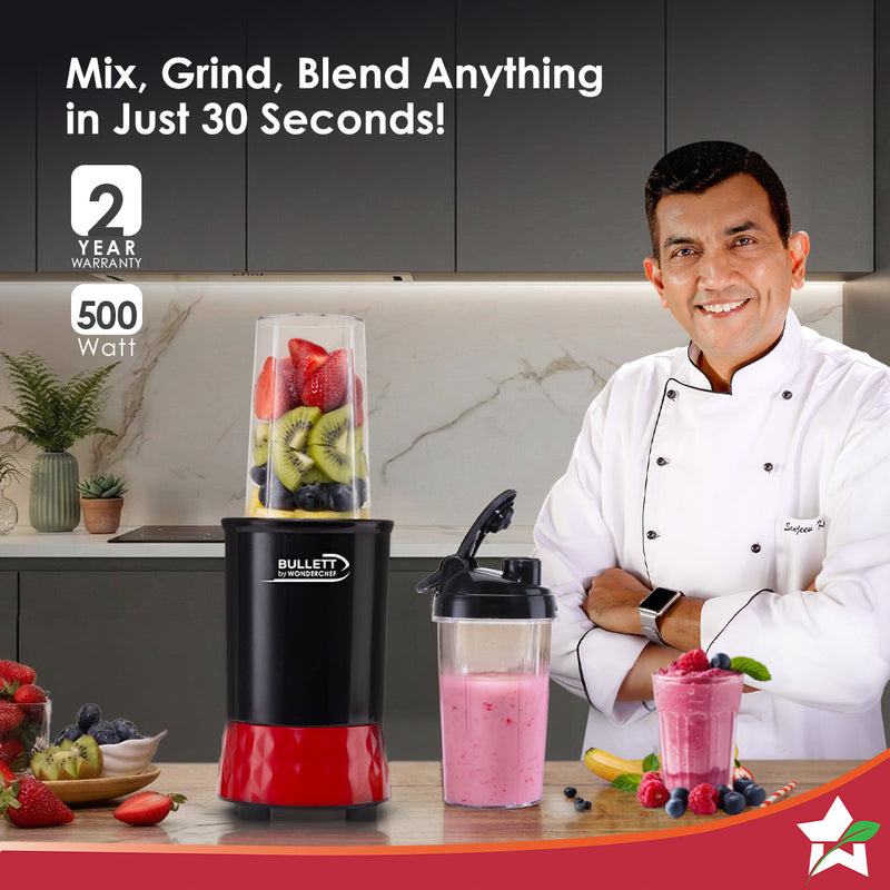 Bullett by Wonderchef, 500W Mixer Grinder Blender Smoothie Maker, 22000 RPM, 2 Jars, Stainless-Steel Blade, Sipper Jar &