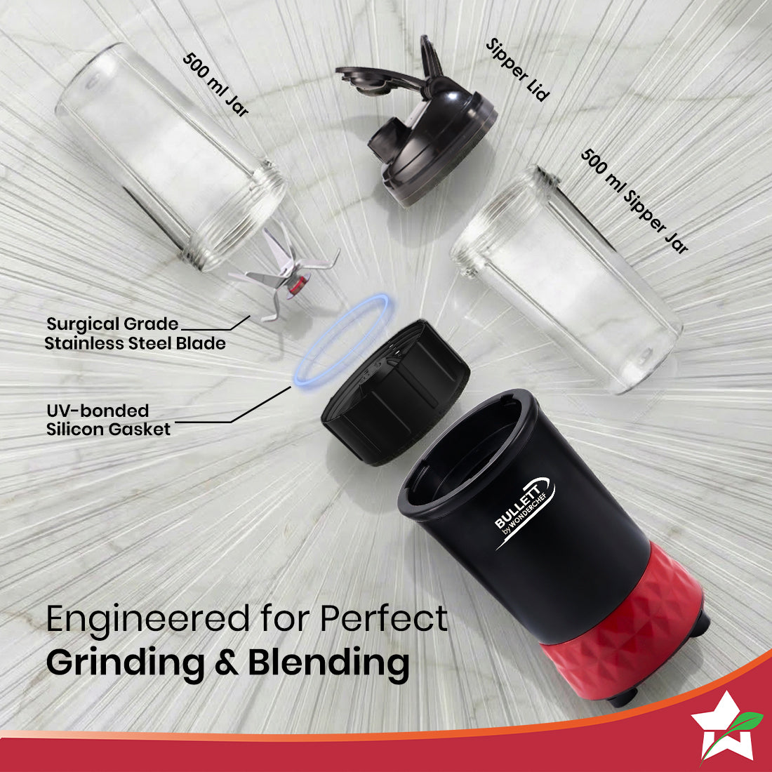 Bullett by Wonderchef, 500W Mixer Grinder Blender Smoothie Maker, 22000 RPM, 2 Jars, Stainless-Steel Blade, Sipper Jar &