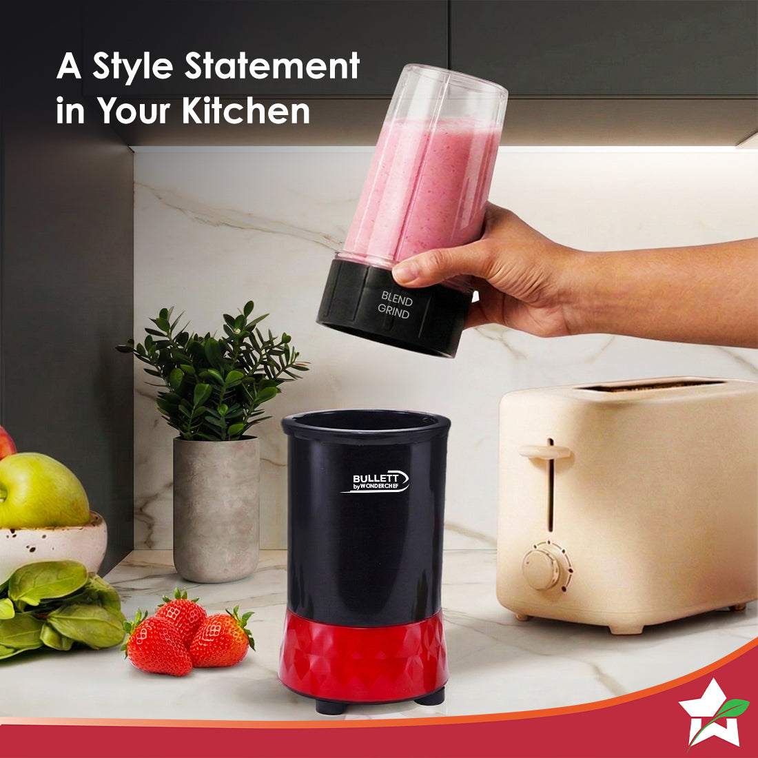 Bullett by Wonderchef, 500W Mixer Grinder Blender Smoothie Maker, 22000 RPM, 2 Jars, Stainless-Steel Blade, Sipper Jar &