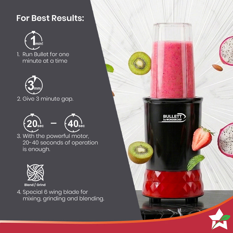 Bullett by Wonderchef, 500W Mixer Grinder Blender Smoothie Maker, 22000 RPM, 2 Jars, Stainless-Steel Blade, Sipper Jar &
