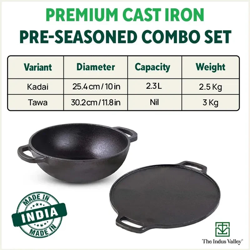 CASTrong Cast Iron Cookware Set: Tawa+ Kadai, Kitchen Set for Home, Pre-seasoned, 100% Pure, Toxin-free, Induction, Free ₹400 Tadka Pan