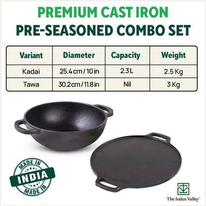 CASTrong Cast Iron Cookware Set: Tawa+ Kadai, Kitchen Set for Home, Pre-seasoned, 100% Pure, Toxin-free, Induction, Free ₹400 Tadka Pan