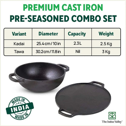 CASTrong Thick Cast Iron Kadai+Tawa+Free ₹110 Spatula,Kitchen set for Home, Pre-seasoned,100% Pure,Toxin-free