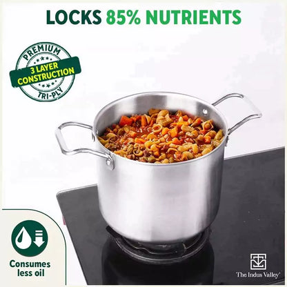 TurboCuk Tri-ply Stainless Steel Tall Biryani Pot/Casserole+ Glass Lid, Premium Quality, 3 Layer Thick Body, 100% Toxin-free, Non-stick, Induction & Gas, 6L