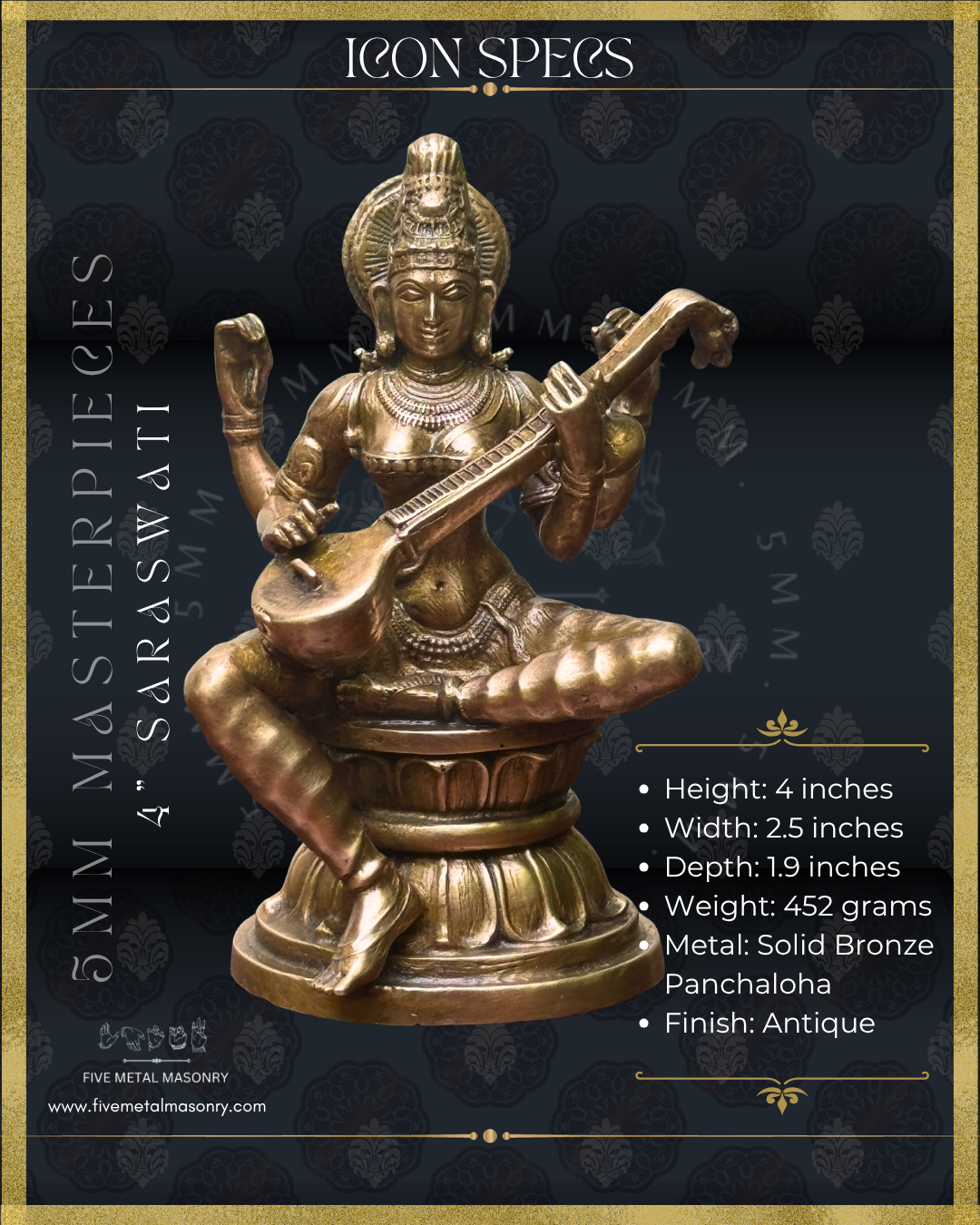 Saraswati Panchaloha Bronze Icon - 4"-  Masterpieces Collection
