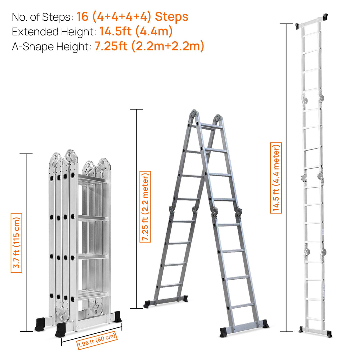 Corvids 14.5 ft (16 Steps) Portable & Compact Folding Aluminium Multipurpose Super Step Ladder-3