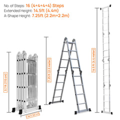 Corvids 14.5 ft (16 Steps) Portable & Compact Folding Aluminium Multipurpose Super Step Ladder-3