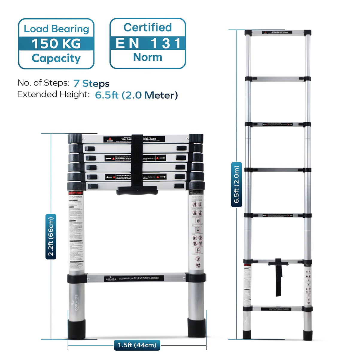 Corvids 2.0m (6.5 feet) Portable & Compact Aluminium Telescopic Ladder
