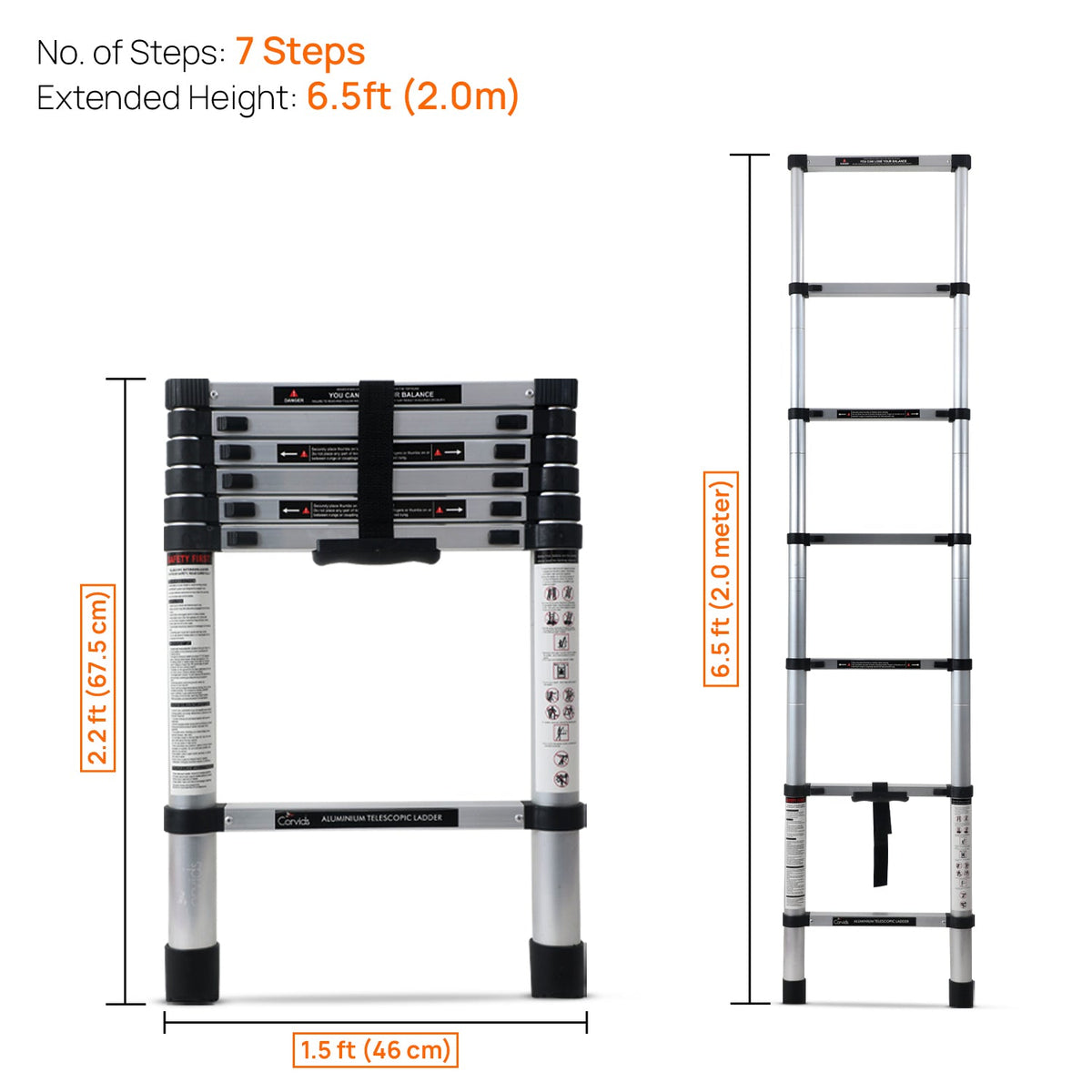 Corvids 2.0m (6.5 feet) Portable & Compact Aluminium Telescopic Ladder (Refurbrished)-3