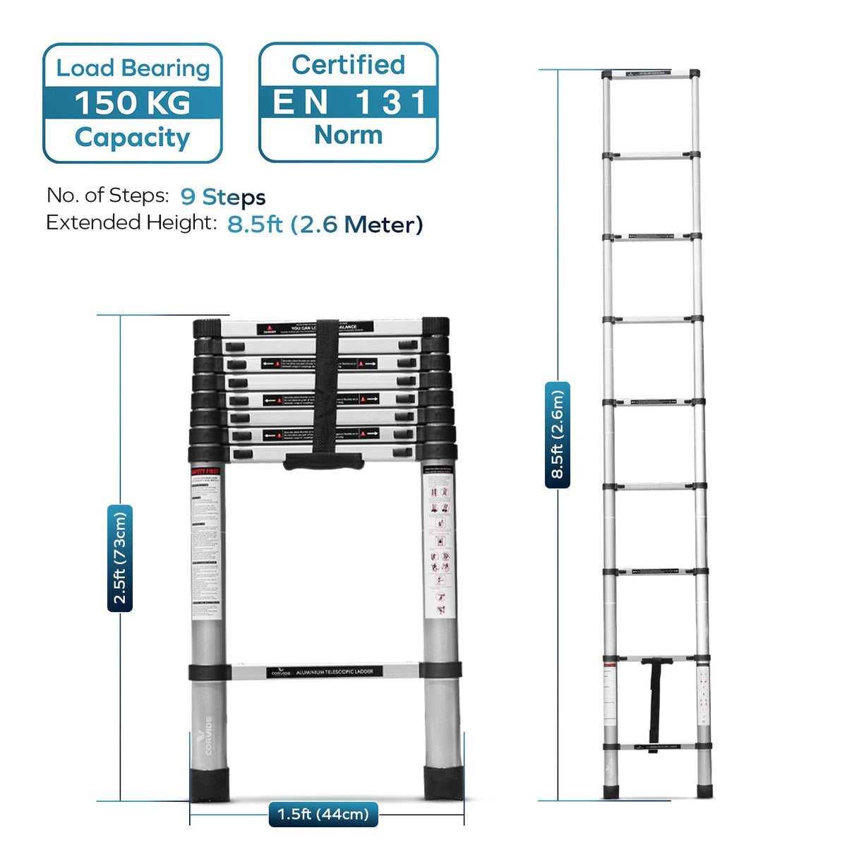 Corvids 2.6m (8.5 feet) Portable & Compact Aluminum Telescopic Ladder-2