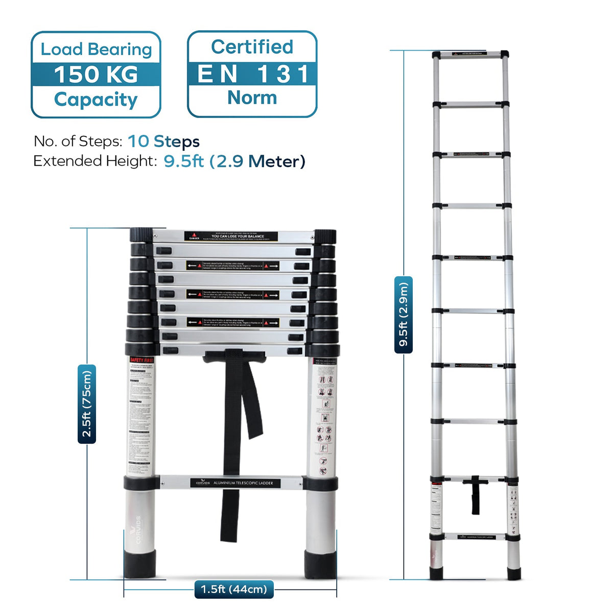 Corvids 2.9m (9.5 feet) Portable & Compact Aluminium Telescopic Ladder