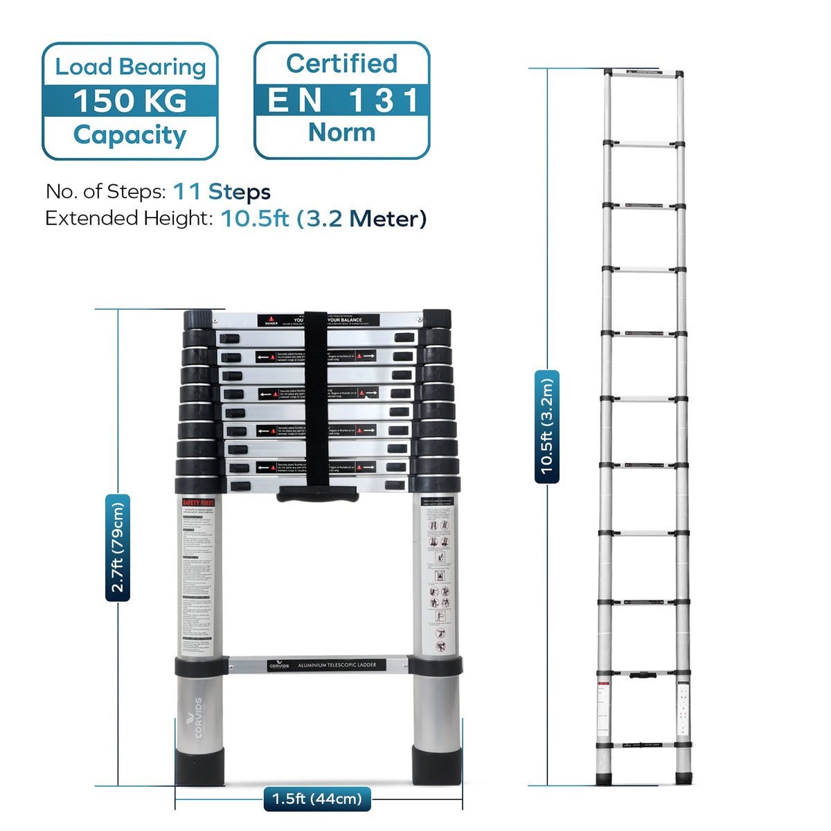 Corvids 3.2m (10.5 feet) Portable & Compact Aluminum Telescopic Ladder