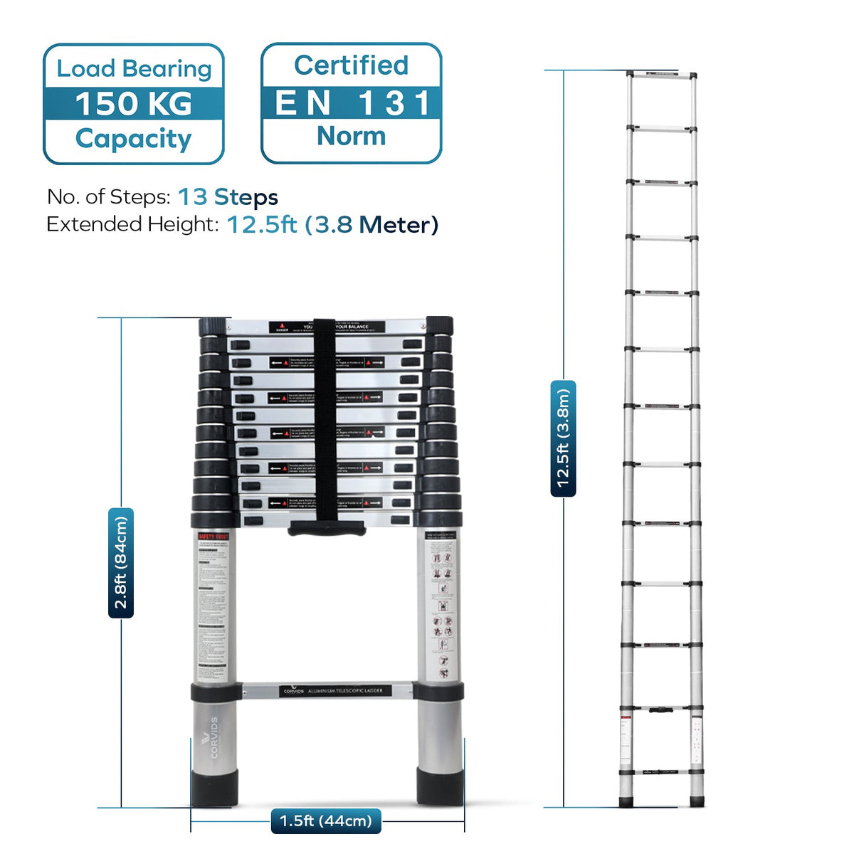 Corvids 3.8m (12.5 feet) Portable & Compact Aluminium Telescopic Ladder