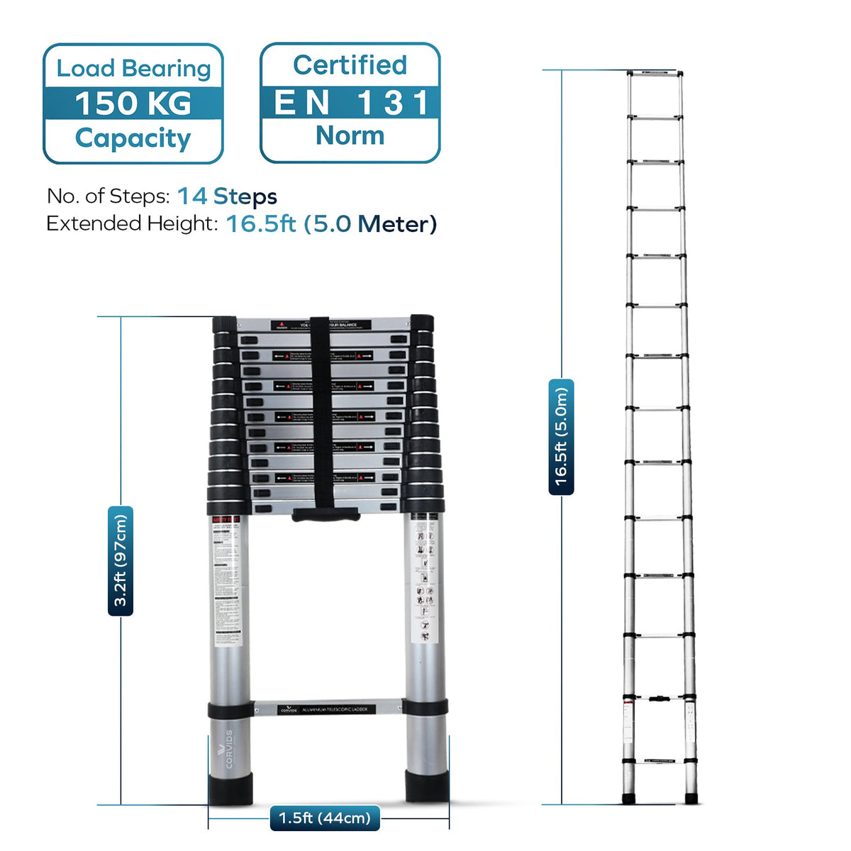 Corvids 5.0m (16.5 feet) Portable & Compact Aluminium Telescopic Ladder