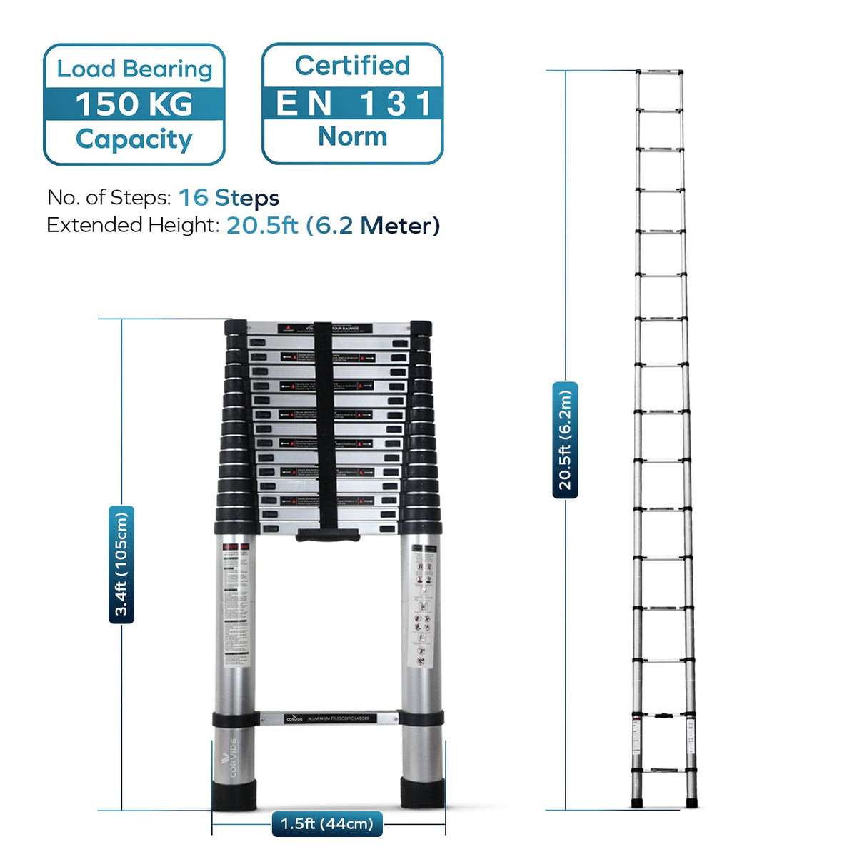 Corvids 6.2m (20.5 feet) Portable & Compact Aluminium Telescopic Ladder
