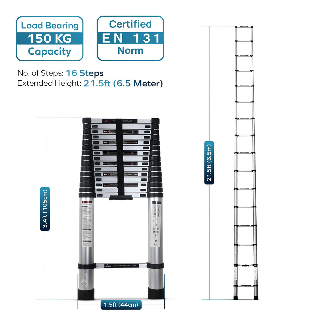 Corvids 6.5m (21.5 feet) Portable & Compact Aluminium Telescopic Ladder-2