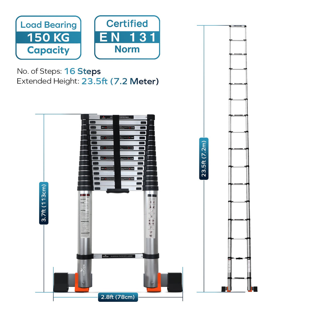 Corvids 7.2m (23.5 feet) Portable & Compact Telescopic Ladder with Folding Stablizer Bar