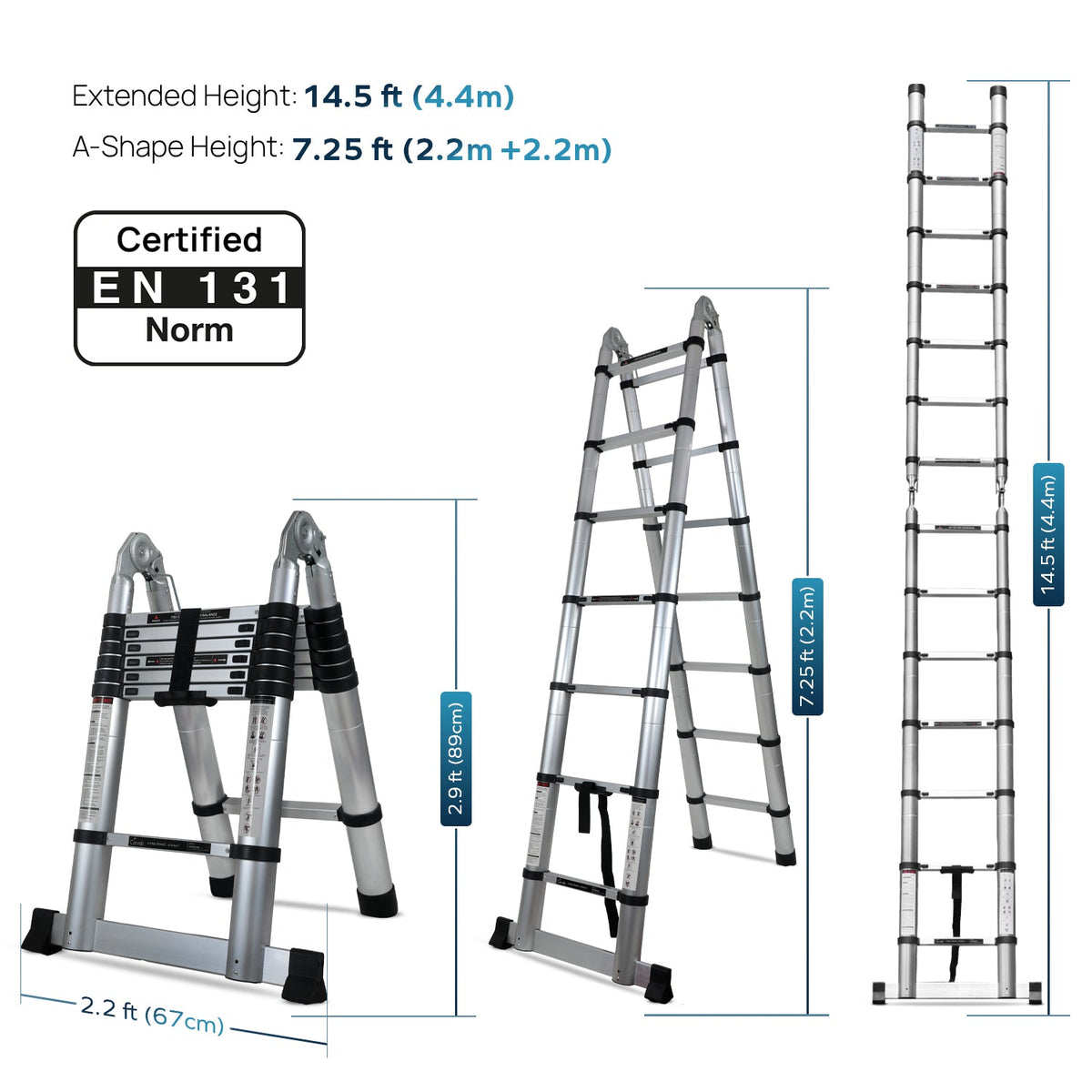 Corvids Portable and Compact 14.5 feet A-Type Aluminium Telescopic Ladder-2