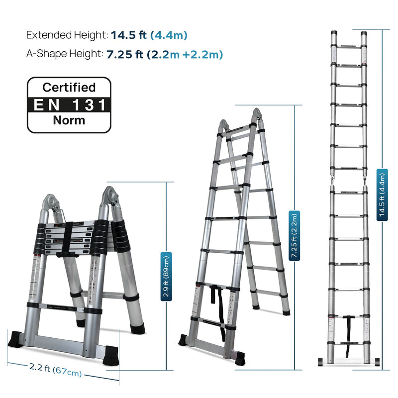 Corvids Portable and Compact 14.5 feet A-Type Aluminium Telescopic Ladder-2