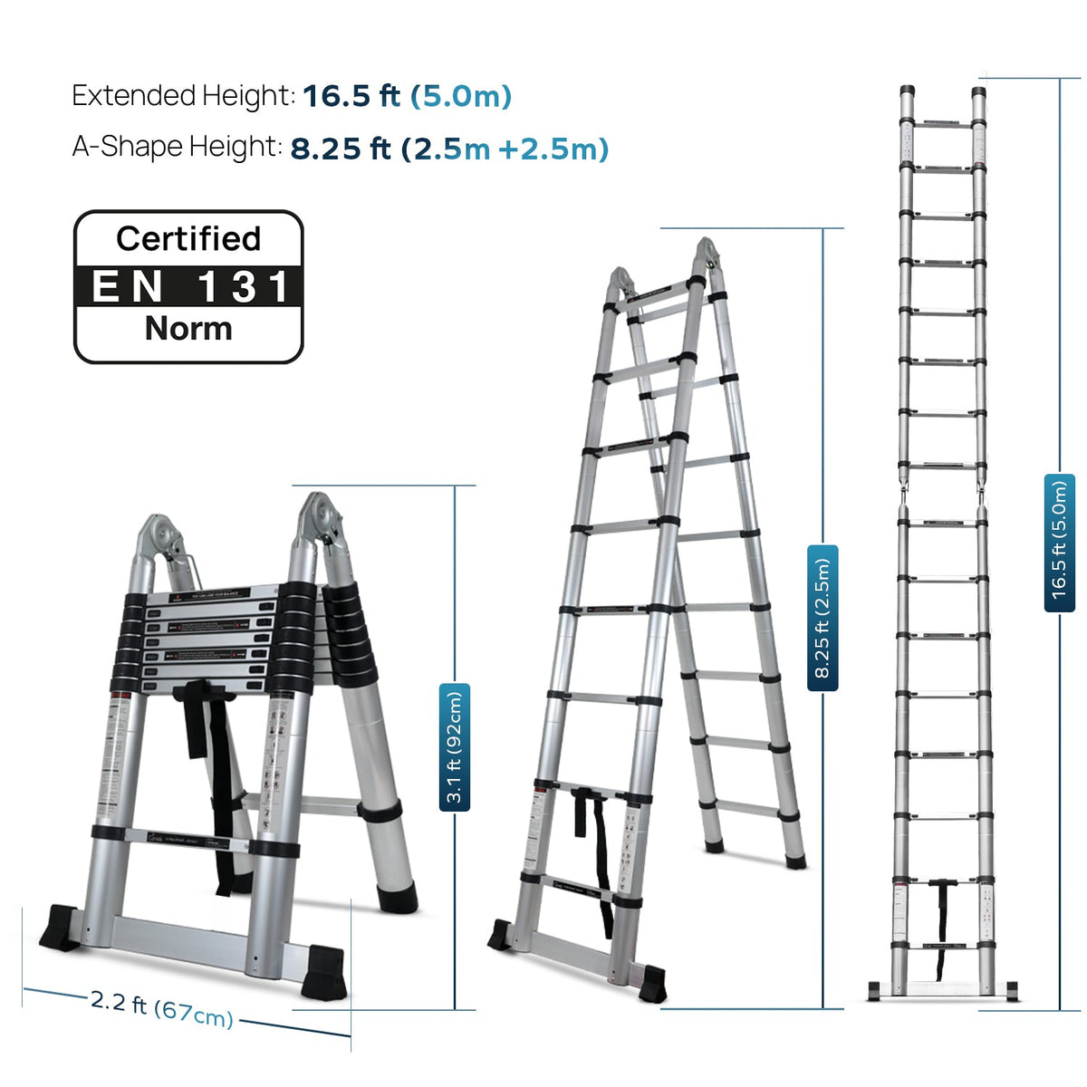 Corvids Portable and Compact 16.5 feet A-Type Aluminium Telescopic Ladder with 16 Steps