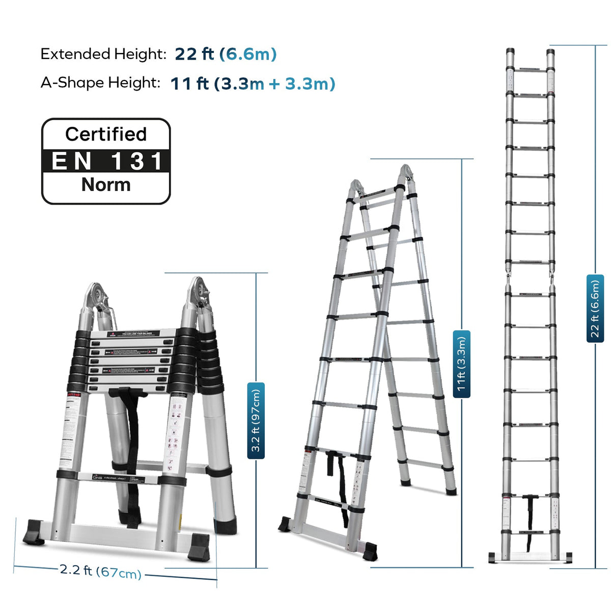 Corvids Portable and Compact 22 ft A Type Aluminium Telescopic Ladder with 16 Steps (6.6 Meter)