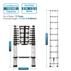 Corvids 3.8m (12.5 ft) Portable & Compact Finger Protect Aluminium Telescopic Ladder-3