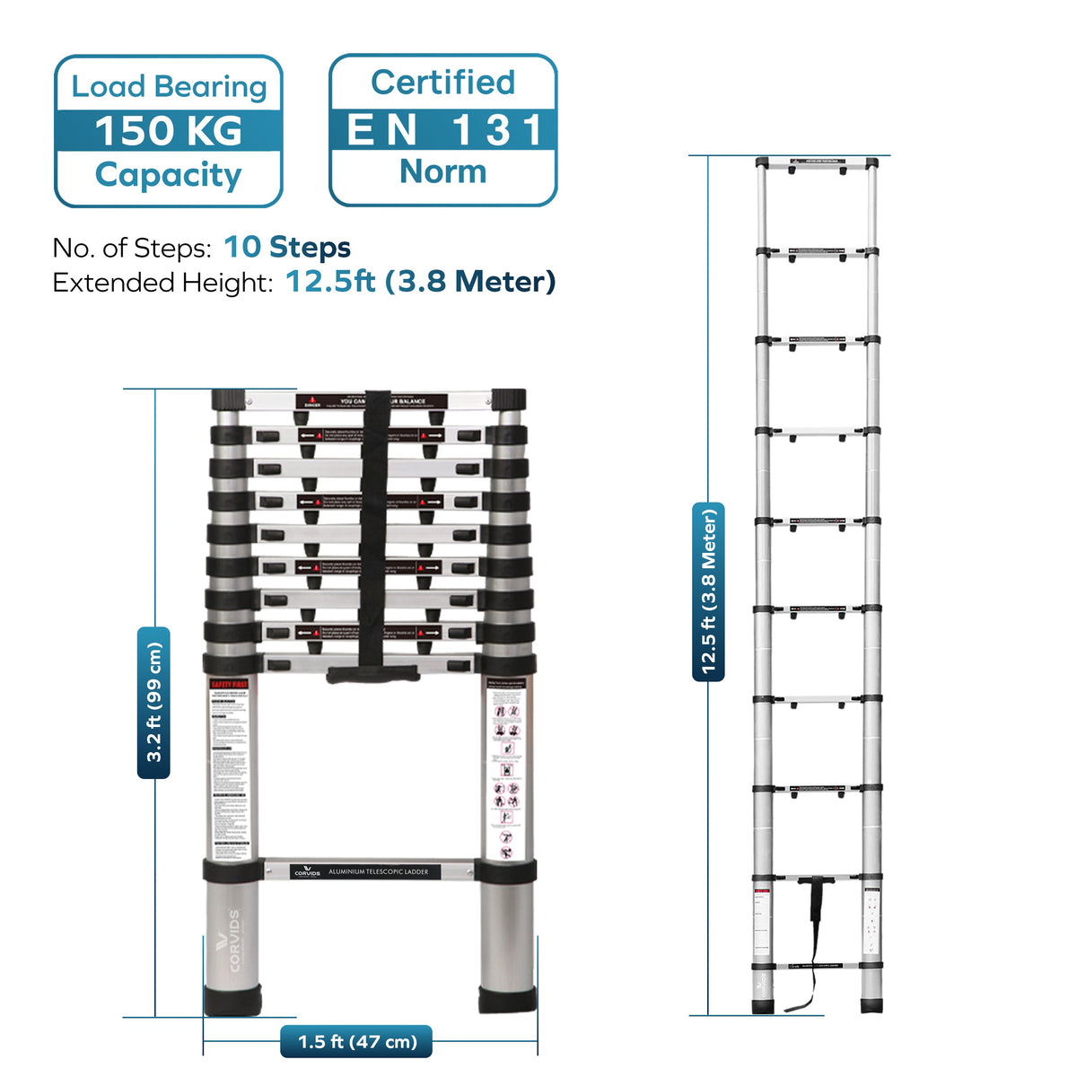 Corvids 3.8m (12.5 ft) Portable & Compact Finger Protect Aluminium Telescopic Ladder-3