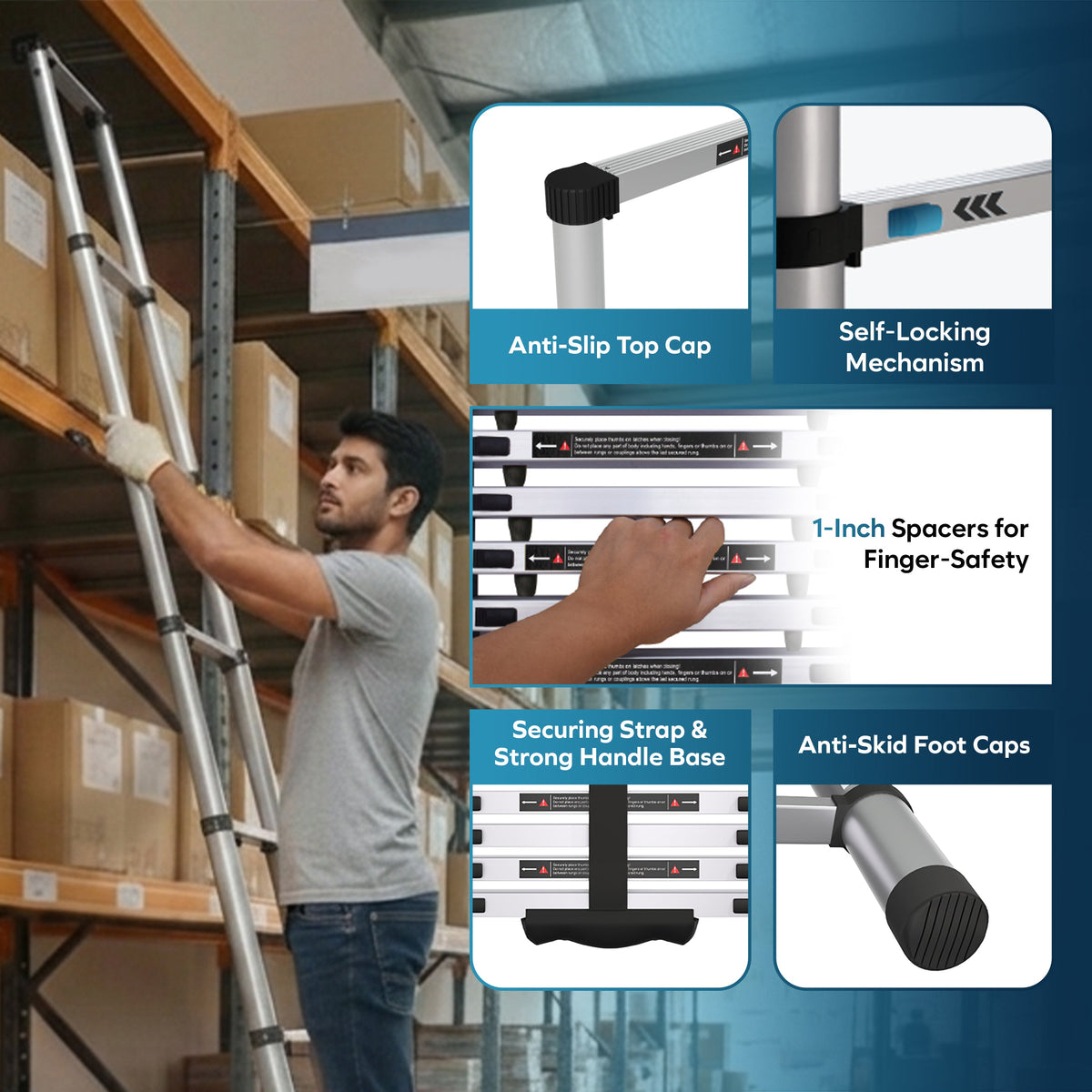 Corvids 3.8m (12.5 ft) Portable & Compact Finger Protect Aluminium Telescopic Ladder-5
