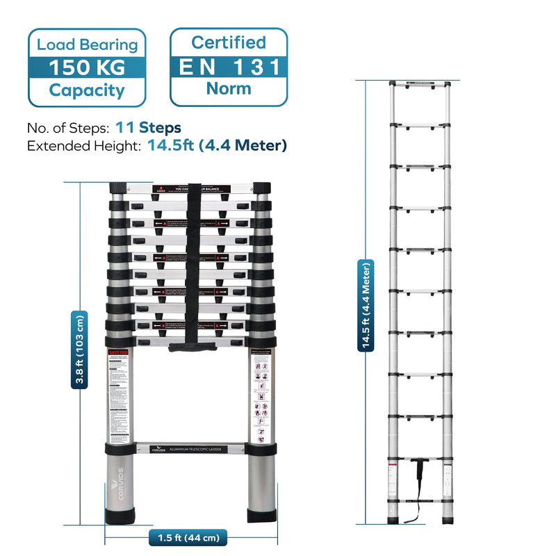 Corvids 4.4m (14.5 ft) Portable & Compact Finger Protect Aluminium Telescopic Ladder-3