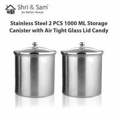 Stainless Steel 2 PCS 1000 ML Storage Canister with Air Tight Glass Lid Candy