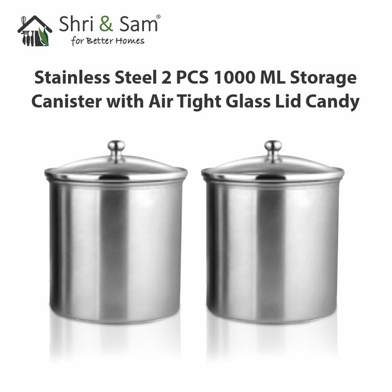 Stainless Steel 2 PCS 1000 ML Storage Canister with Air Tight Glass Lid Candy