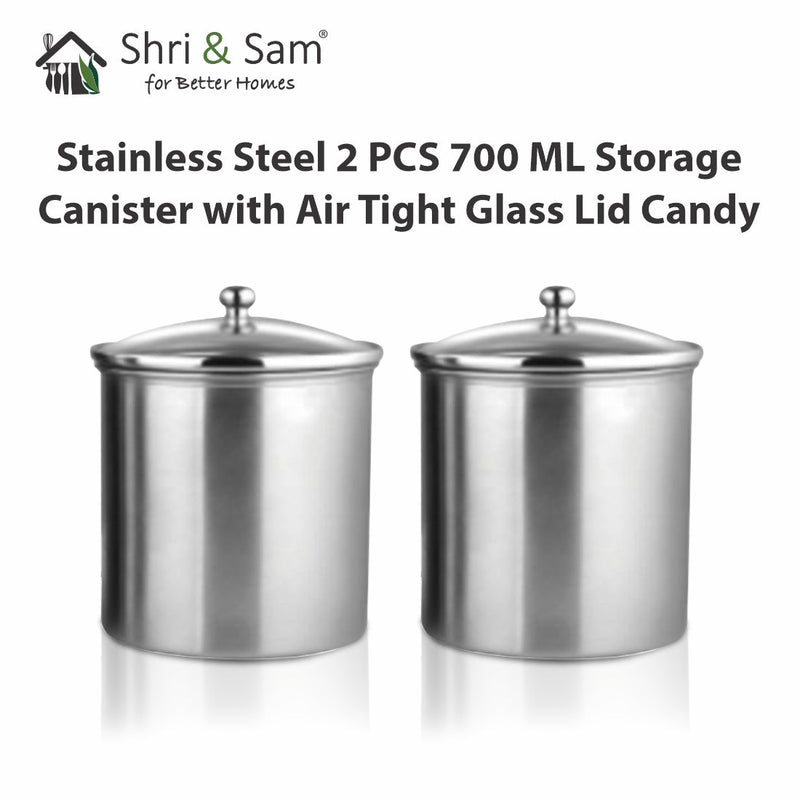 Stainless Steel 2 PCS 700 ML Storage Canister with Air Tight Glass Lid Candy