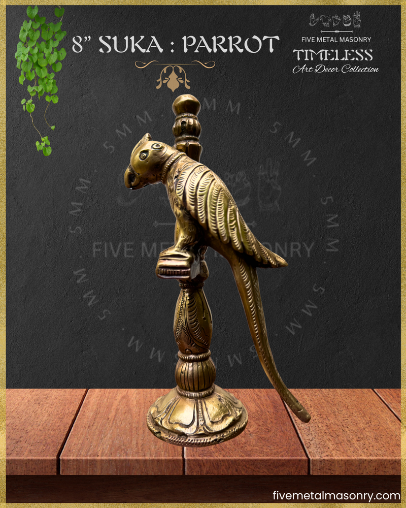 Suka:Parrot perched on pillar Panchaloha Bronze Icon - 8"- Timeless Collection