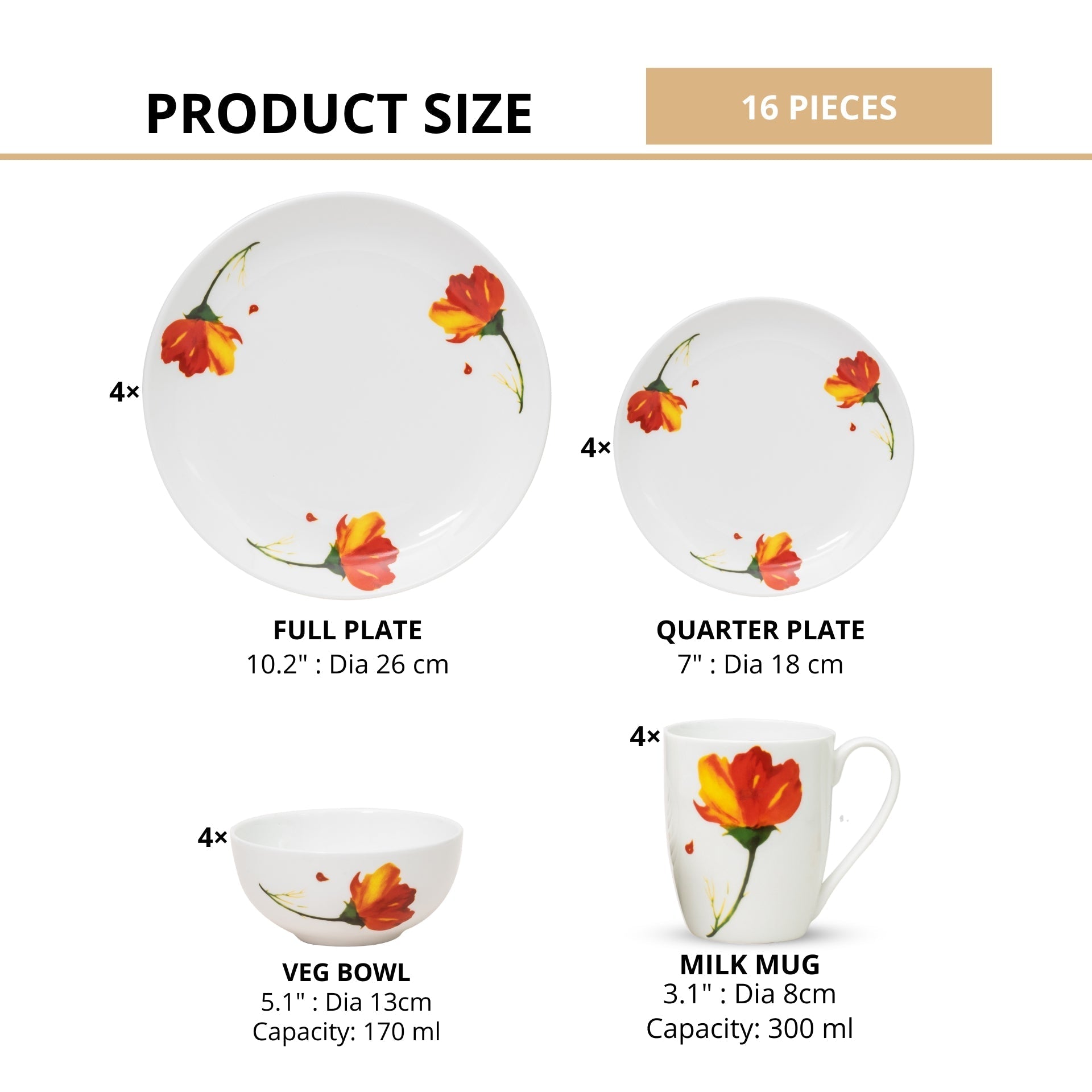 Ceramic Eco3 Dinner Set (Set of 16), for Family of 4, Dinner Set Ceramic