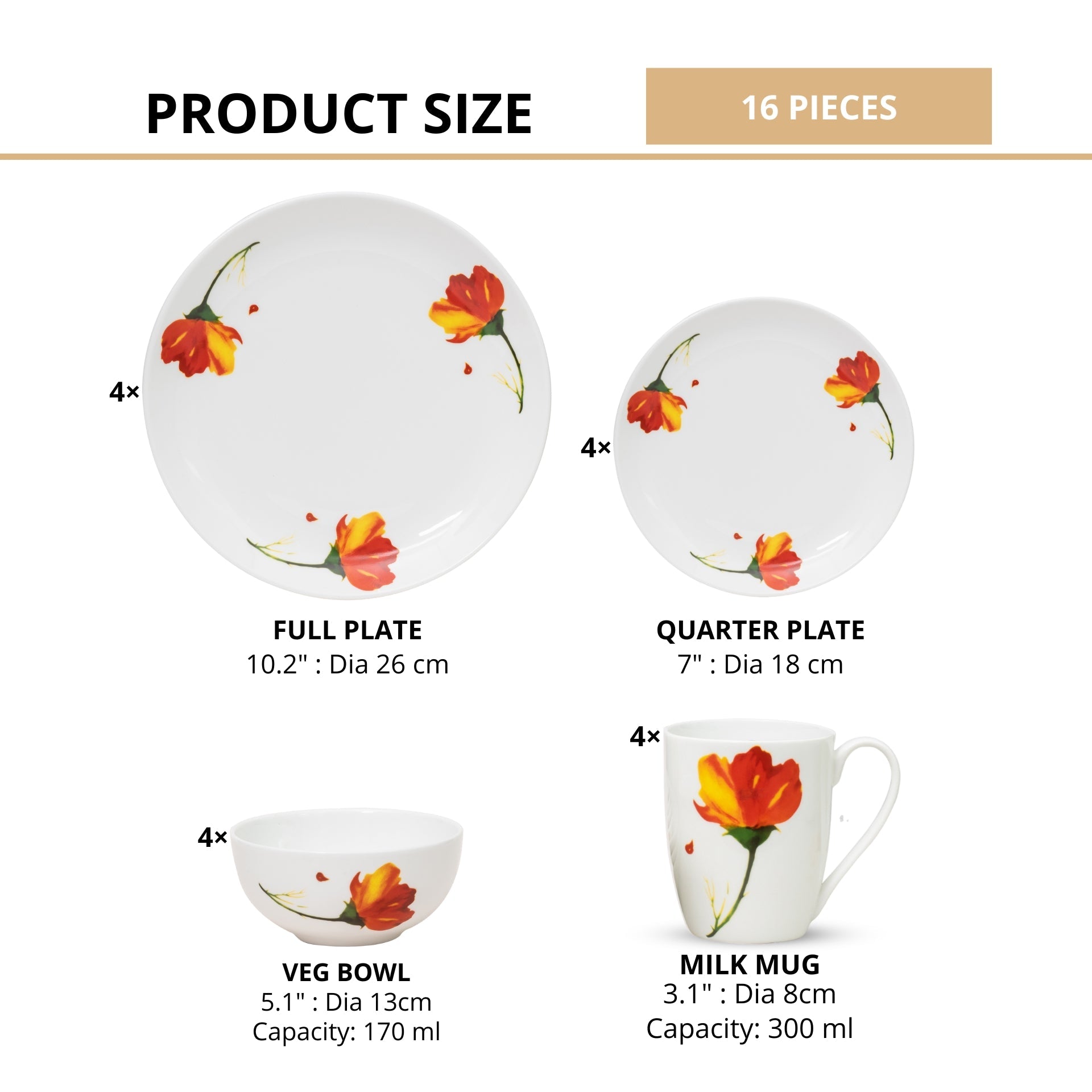 Ceramic Eco3 Dinner Set (Set of 16), for Family of 4, Dinner Set Ceramic