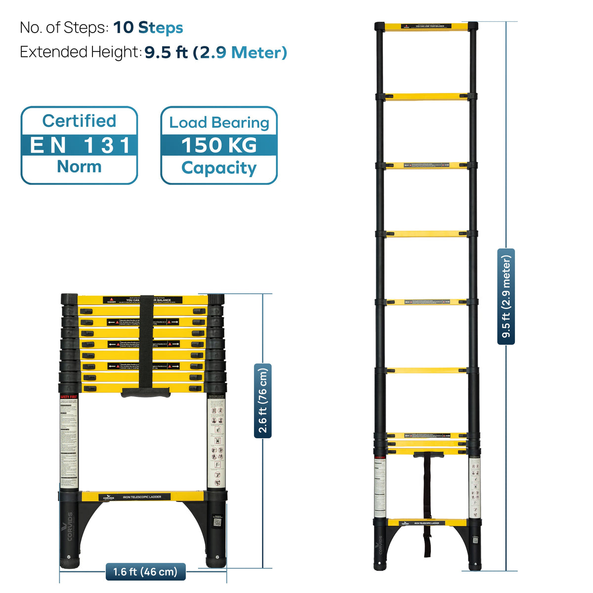 Corvids 2.9m (9.5 Ft) Iron Telescopic Ladder for Home, Warehouse & Outdoor Use-3