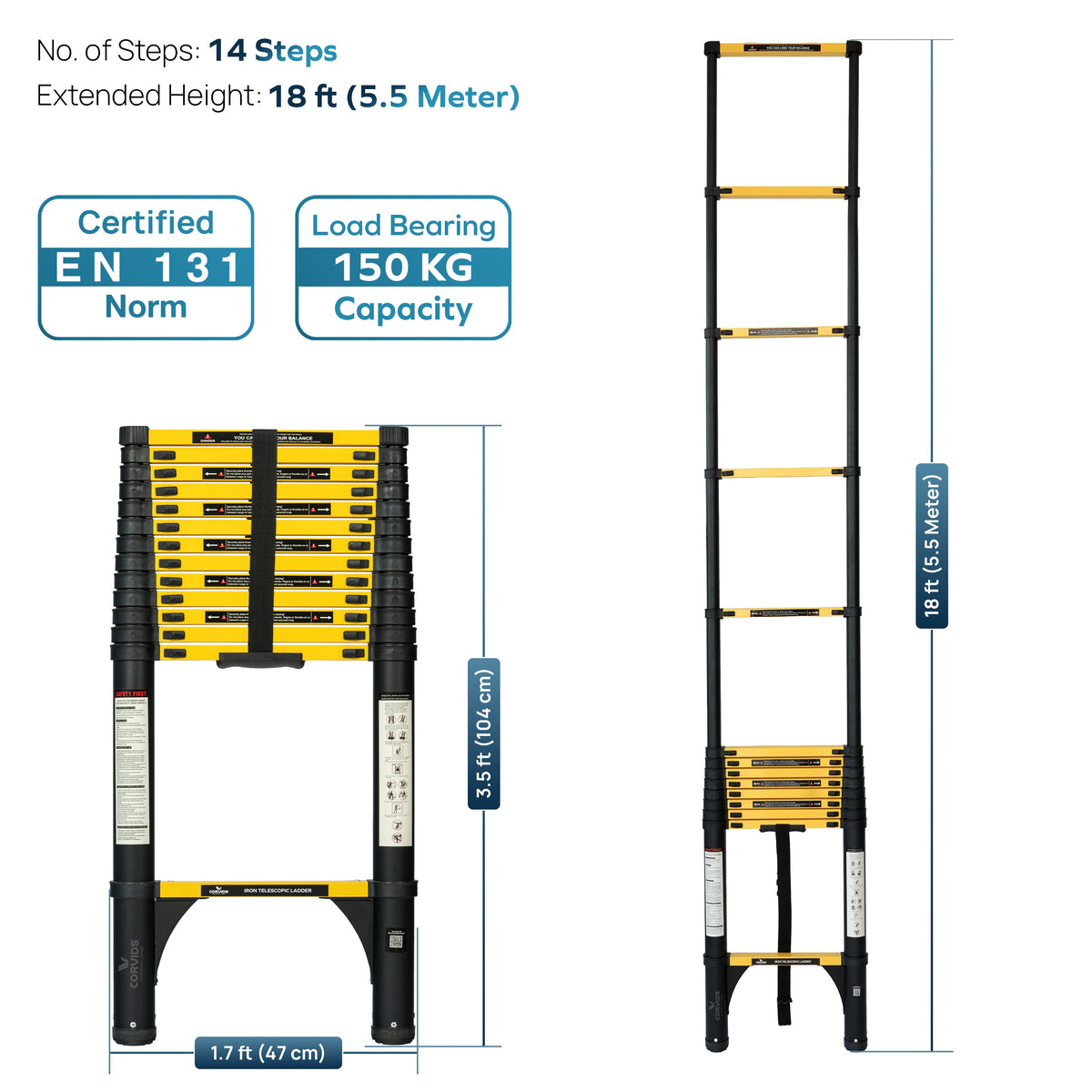 Corvids 5.5m (18 Ft) Iron Telescopic Ladder for Home, Warehouse & Outdoor Use-3