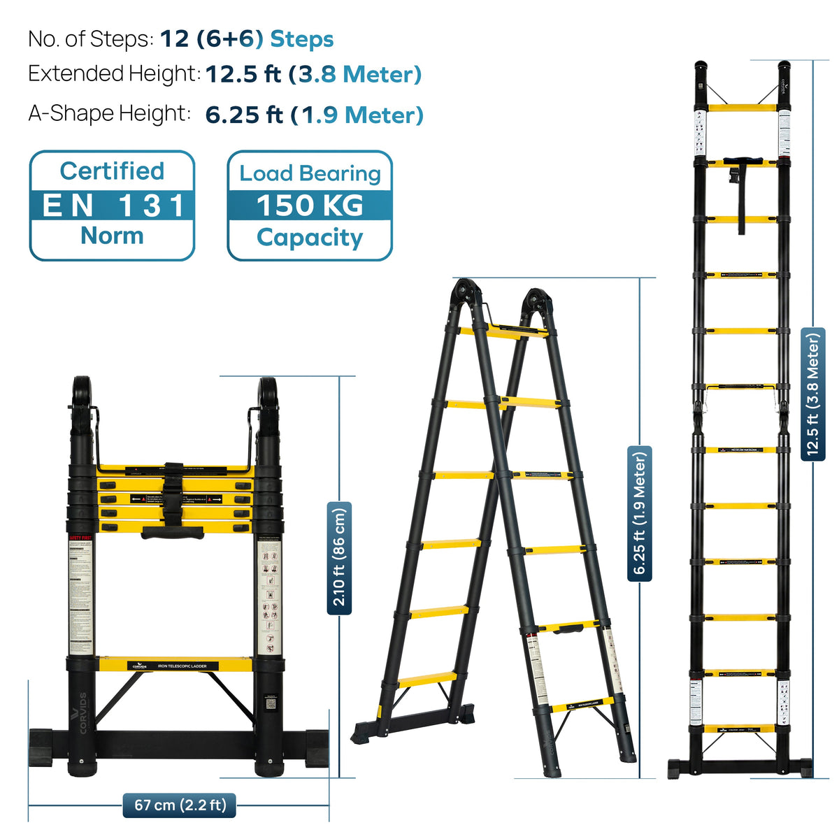 Corvids 3.8m (12.5 Ft) Foldable A-Type Iron Telescopic Ladder for Home, Industrial & Warehouse Use-3
