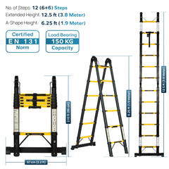 Corvids 3.8m (12.5 Ft) Foldable A-Type Iron Telescopic Ladder for Home, Industrial & Warehouse Use-3