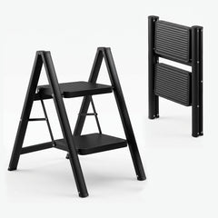 Corvids 2-Step Heavy-Duty Carbon Steel Step Stool, 2-Year Warranty, Anti-Slip Wide Steps, Portable Multipurpose Folding Step Ladder for Home, Kitchen & Office Use (Black )-1