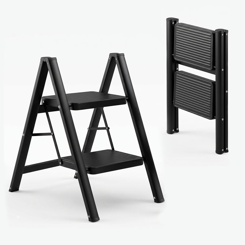 Corvids 2-Step Heavy-Duty Carbon Steel Step Stool, 2-Year Warranty, Anti-Slip Wide Steps, Portable Multipurpose Folding Step Ladder for Home, Kitchen & Office Use (Black )-1