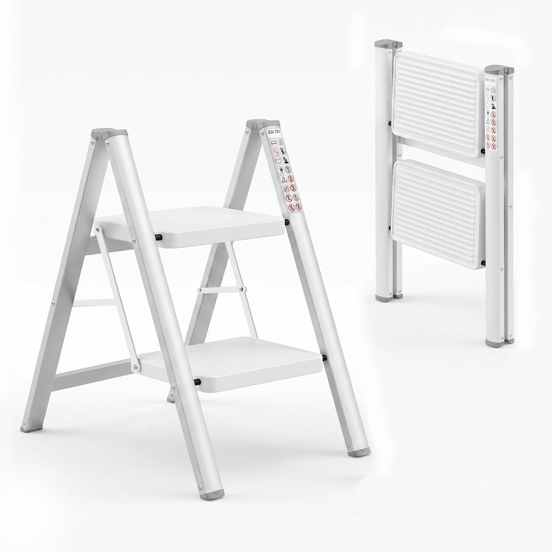 Corvids 2-Step Heavy-Duty Carbon Steel Step Stool, 2-Year Warranty, Anti-Slip Wide Steps, Portable Multipurpose Folding Step Ladder for Home, Kitchen & Office Use (White)-1