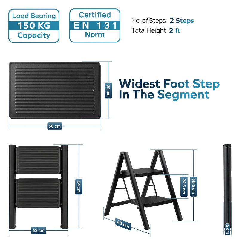 Corvids 2-Step Heavy-Duty Carbon Steel Step Stool, 2-Year Warranty, Anti-Slip Wide Steps, Portable Multipurpose Folding Step Ladder for Home, Kitchen & Office Use (Black )-3