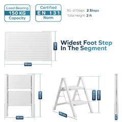 Corvids 2-Step Heavy-Duty Carbon Steel Step Stool, 2-Year Warranty, Anti-Slip Wide Steps, Portable Multipurpose Folding Step Ladder for Home, Kitchen & Office Use (White)-3