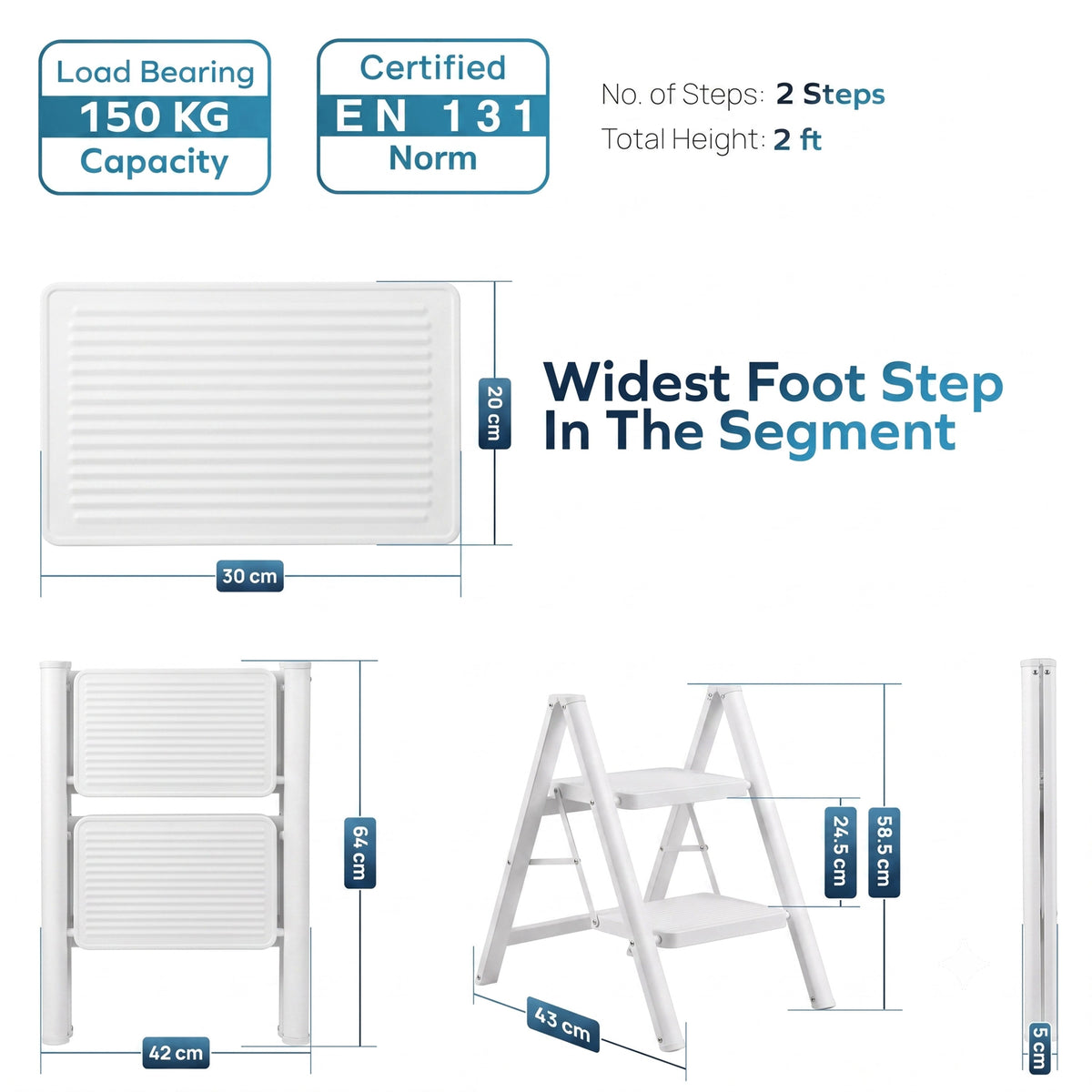 Corvids 2-Step Heavy-Duty Carbon Steel Step Stool, 2-Year Warranty, Anti-Slip Wide Steps, Portable Multipurpose Folding Step Ladder for Home, Kitchen & Office Use (White)-3