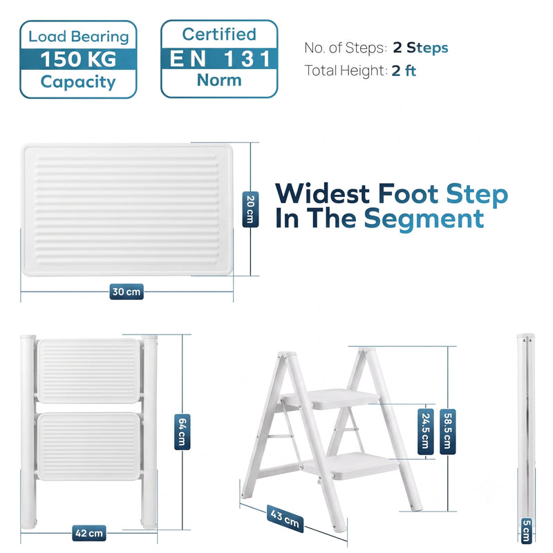 Corvids 2-Step Heavy-Duty Carbon Steel Step Stool, 2-Year Warranty, Anti-Slip Wide Steps, Portable Multipurpose Folding Step Ladder for Home, Kitchen & Office Use (White)-3